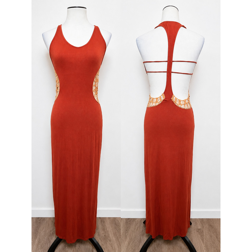 Urban Outfitters Rust Red Crochet Cut out Open Back Maxi Dress Small Boho Summer